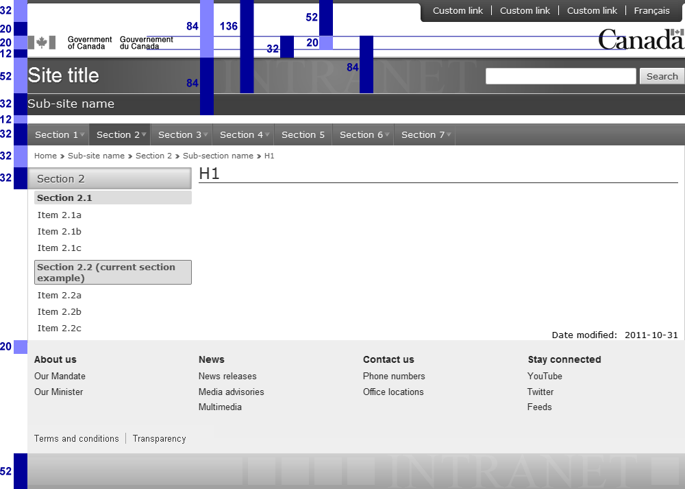 Screenshot showing dimensions of header and footer